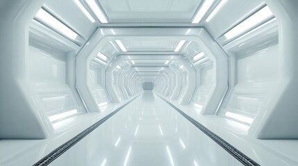 Obraz premium White Futuristic Corridor With Geometric Shapes And Bright Lighting Clean Space Architecture