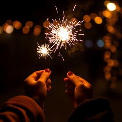Hands of people holding sparkler Bright festive Christmas sparkler