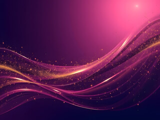 Elegant Abstract Purple and Gold Wave Design with Sparkling Particles Background.