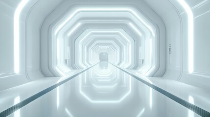Fototapeta premium White Futuristic Corridor With Geometric Shapes And Neon Lighting Perspective View Science Fiction