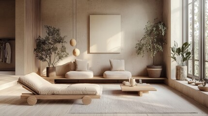 Experience a 3D rendered illustration of a contemporary Japandi style interior. 