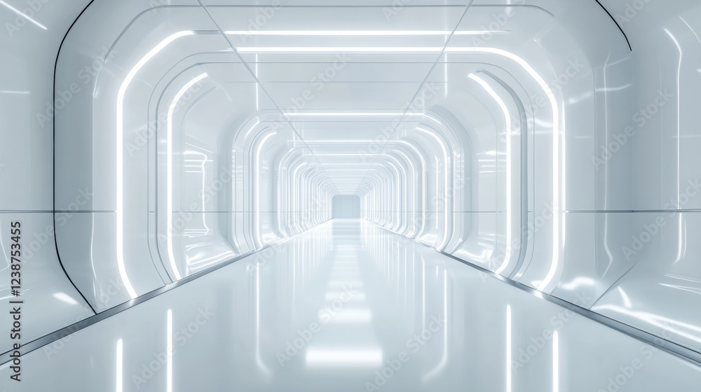 Poster white futuristic tunnel with glowing lights and reflective floor into empty abstract space