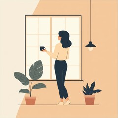 Woman Enjoys Morning Coffee In Room With Potted Plants And Pendant Lamp Looking Through Window