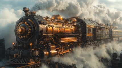 Naklejka premium Vintage steam locomotive in action amidst thick smoke on a bright day