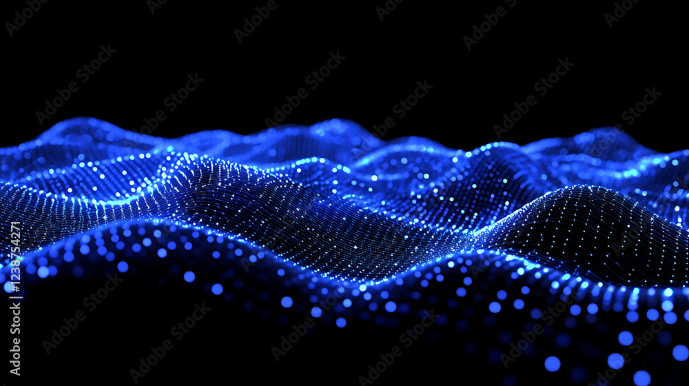 Poster a mesmerizing blue wave of digital particles, creating a dynamic, fluid landscape against a dark bac