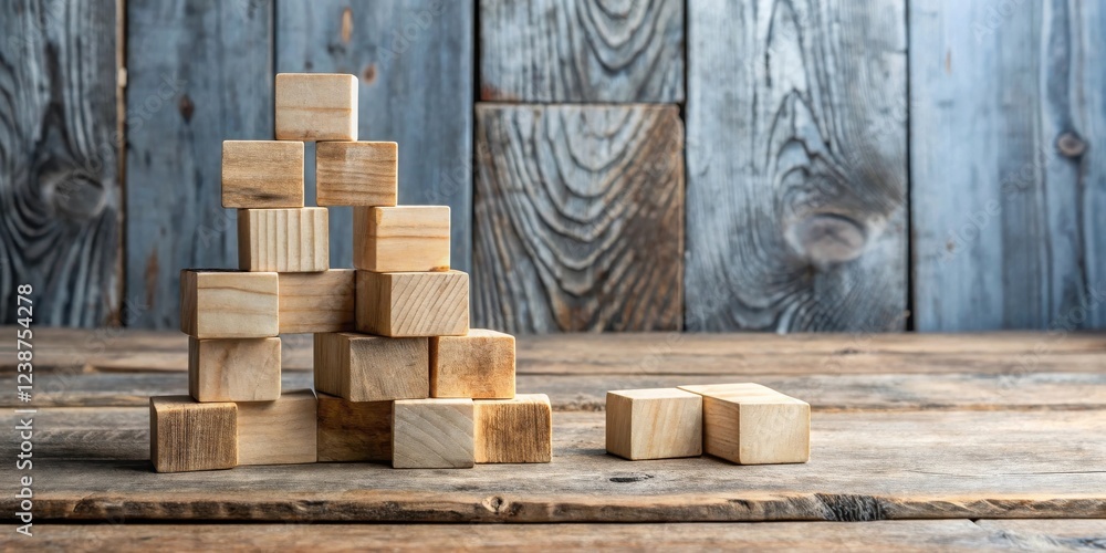 Aufkleber Wooden blocks arranged in a pyramid shape on rustic table
