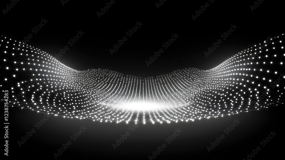 Poster a mesmerizing wave of glowing dots creates a dynamic visual effect against a black background, sugge