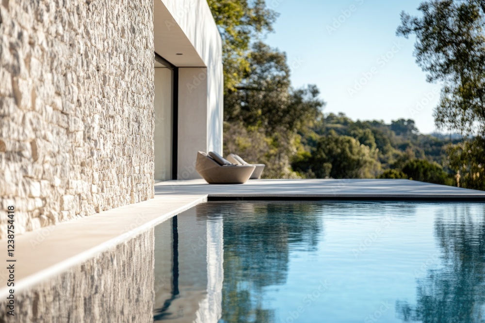 Poster a serene pool scene with a stone wall and a chair, perfect for relaxing or contemplation