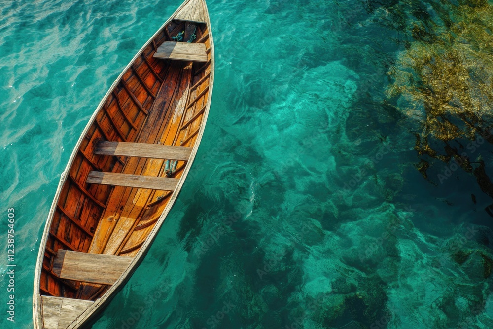 Poster a small wooden boat floats peacefully on the surface of a tranquil lake, great for scenes where sere