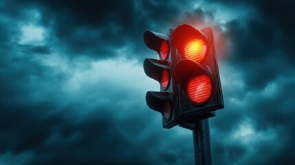 This striking image captures a bright red traffic light standing out dramatically against a backdrop of dark, brooding clouds, evoking a sense of urgency and caution.