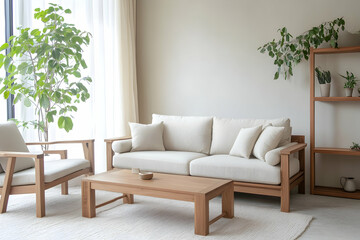 Fototapeta premium Serene Living Room Interior Design with Wooden Sofa and Plants