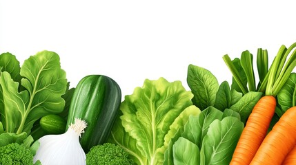 Fresh assortment of vibrant vegetable including lettuce, carrots, and zucchini on a white background