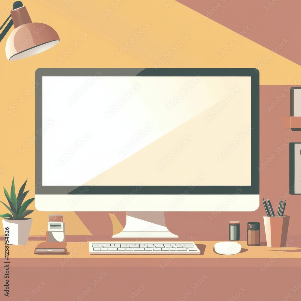 Poster workstation setup computer monitor desk lamp keyboard mouse and plant illustration graphic scene