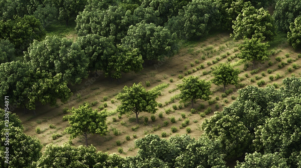 Poster overhead perspective of a sustainable agroforestry system merging trees and crops to optimize land u