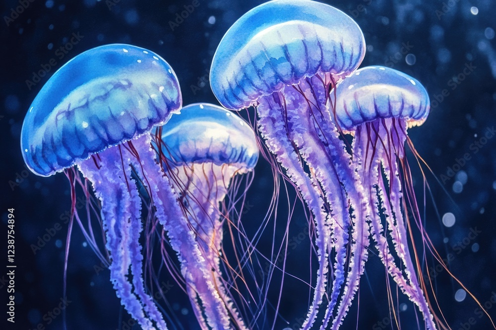 Poster a group of jellyfish floating in the water, great for use as an underwater scene or in a marine-them