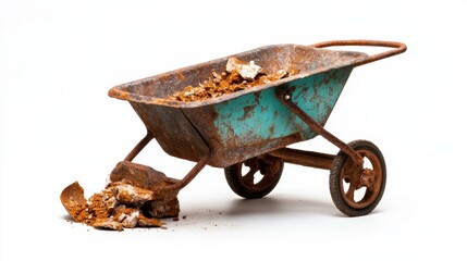 This image features a vintage, rusty wheelbarrow filled with earthy debris, showcasing texture and age, symbolizing hard work and rustic charm in outdoor tasks.