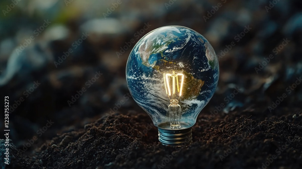 Poster a light bulb is lit up and placed on a rock. the light bulb is shaped like a globe and is surrounded