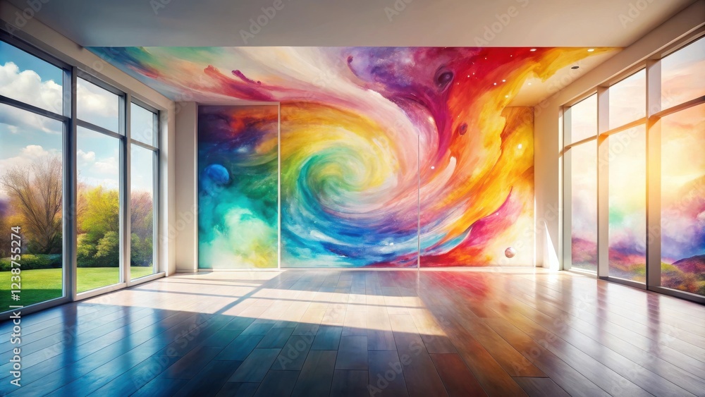 Poster serene room with whimsical abstract mural and expansive views