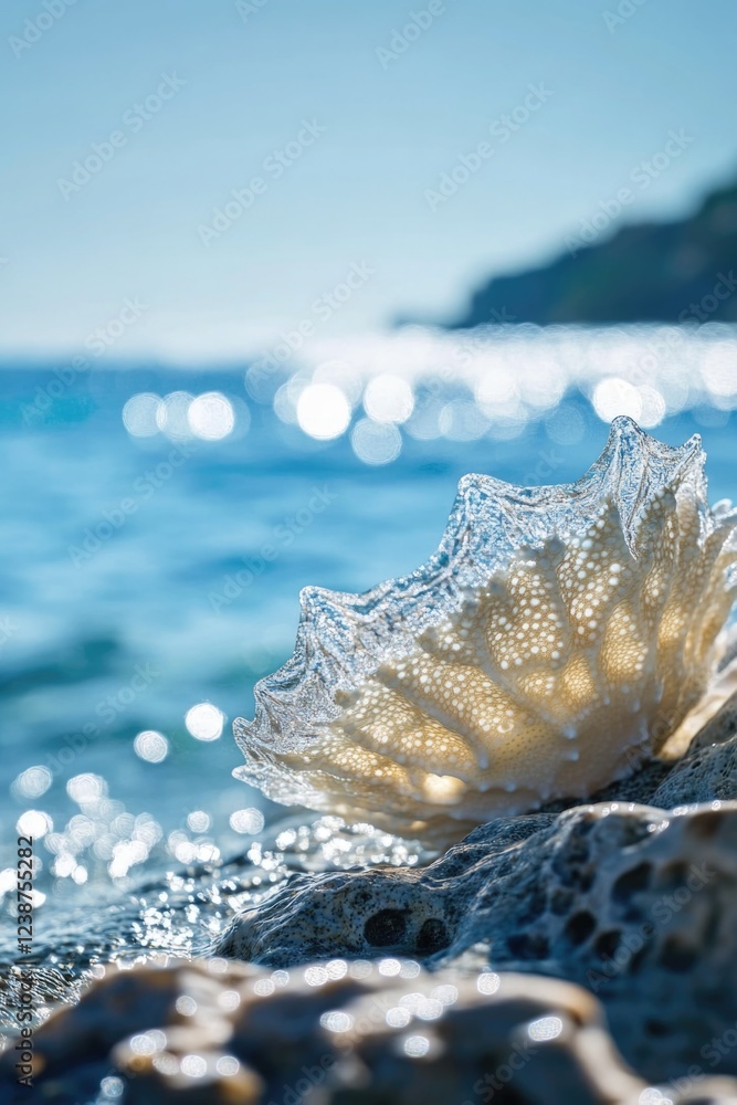 Poster coastal scenery featuring a shell on sandy shore with ocean waves behind