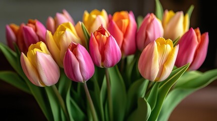 Naklejka premium A bouquet of vibrant pink and yellow tulips in a vase, perfect for spring decor or floral arrangements