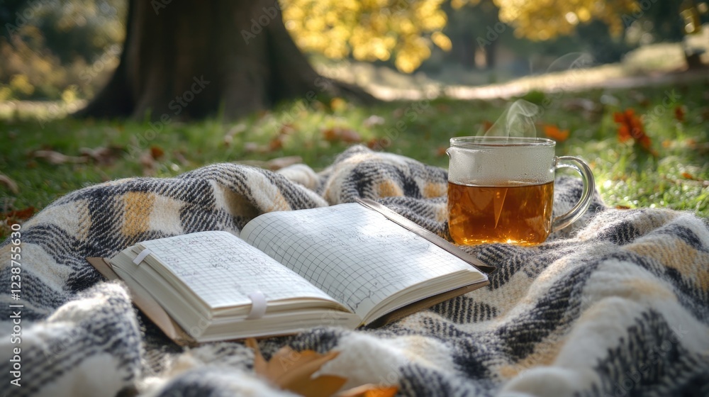 Poster a person is reading a book while enjoying a cup of tea on a blanket, possibly in a park or backyard