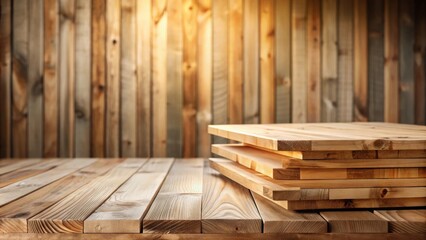 Rustic Wooden Boards Stacked on a Tabletop Against a Wooden Wall Background