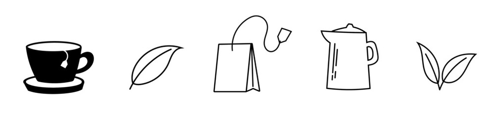 tea icon tea bag leaf and cup of tea doodle hand drawing