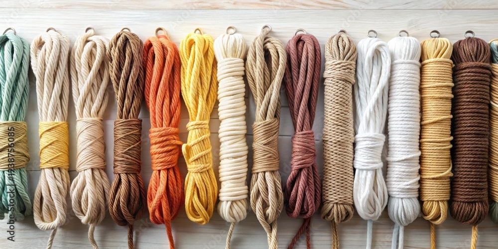 Poster a collection of colorful twisted cotton cords arranged in a row on a light wooden surface