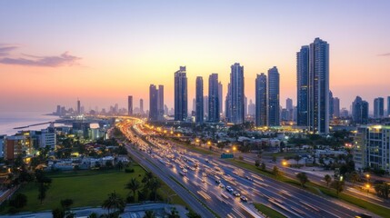 Sunset Cityscape: Panoramic View of Coastal Skyline and Highway at Dusk