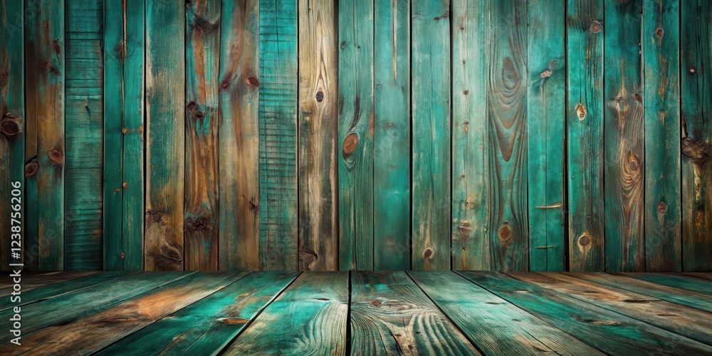 Poster rustic teal and brown wooden wall and floor background ideal for product displays and design project