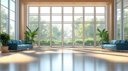 Modern sunlit living room with large windows and sofa seating for relaxation