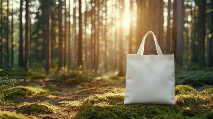 A plain eco-friendly tote bag placed on soft moss in a sunlit forest, symbolizing nature and sustainability, inviting a connection with the environment.