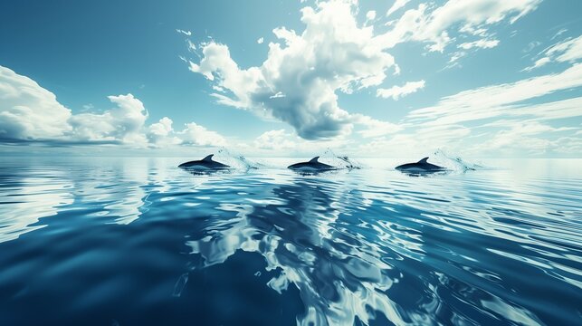 A group of dolphins jumping in unison, creating a beautiful display of synchronized motion over the deep blue ocean, 