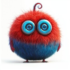 Fototapeta premium Fuzzy red and blue monster with spiraling hypnotic eyes and tiny wings, isolated on white background