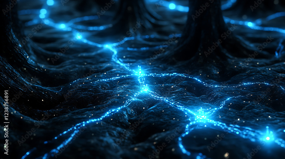 Poster a dark, illuminated scene depicting luminous blue connections resembling neural pathways among abstr