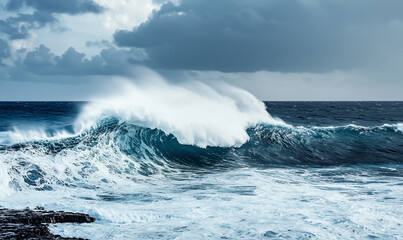 Fototapeta premium Dynamic ocean waves crashing under a moody sky, showcasing nature's raw power and beauty.