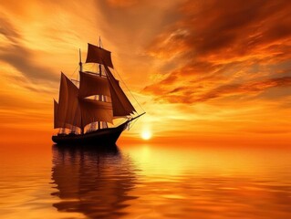 Obraz premium majestic sailboat silhouetted against orange sunset sky, calm waters reflecting light, peaceful maritime scene