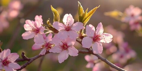 Pink cherry blossoms in full bloom, with soft sunlight illuminating their delicate petals.