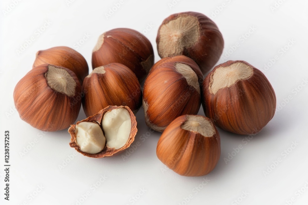 Poster a collection of nuts arranged neatly on a white background, perfect for food or decoration use