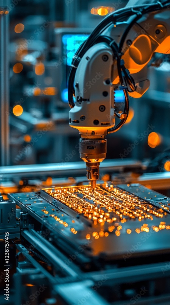 Poster a robotic arm skillfully places tiny microchips onto a circuit board, illuminating the workspace wit