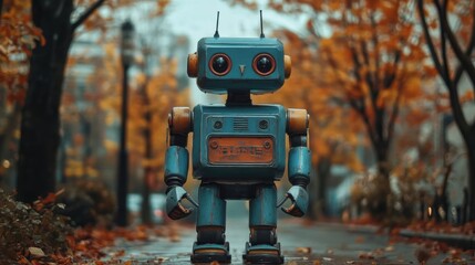 Cute vintage robot standing in autumn park surrounded by falling leaves