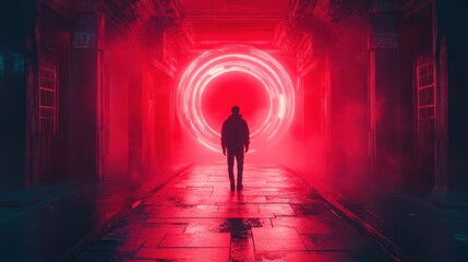 Silhouette of man walking towards glowing neon circle in mysterious corridor
