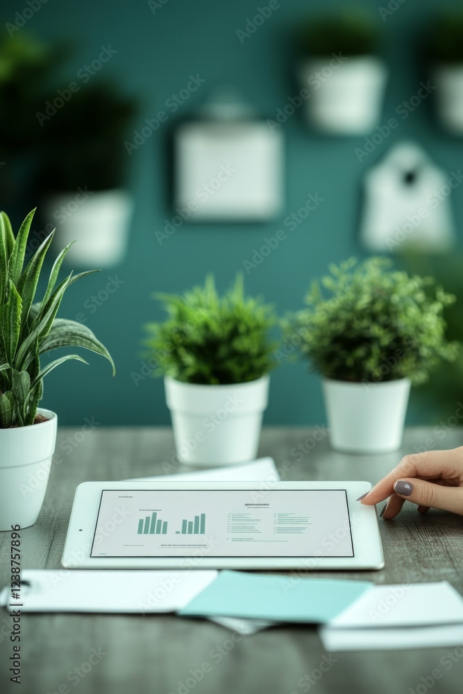 Poster a hand points at a tablet displaying business data charts, while decorative plants enhance the aesth