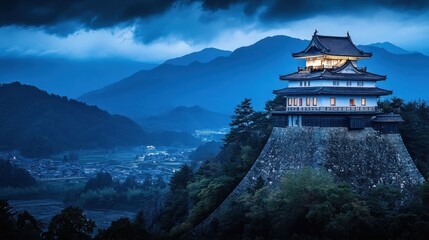 Fototapeta premium Ancient Japanese Fortress on a Rocky Peak at Twilight