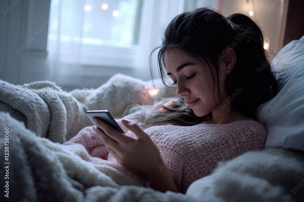Poster a person relaxing in bed while checking their mobile device