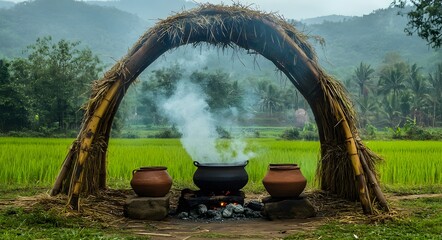 A traditional pot of rice is being cooked on the fire under an arch made from bamboo sticks in front of a green paddy field