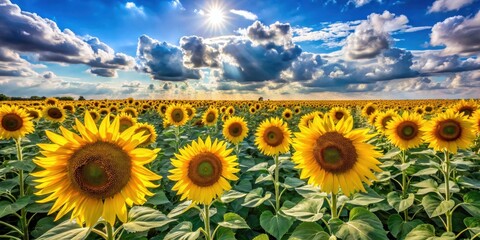 Fototapeta premium Sunlit Sunflower Field Under a Dramatic Sky with Bright Sunbeams