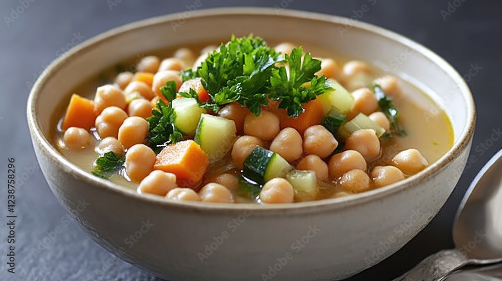 Poster a bowl of hot soup with a spoon resting on a table, ready for consumption