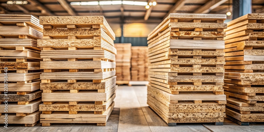 Poster warehouse inventory neat stacks of planed lumber ready for distribution