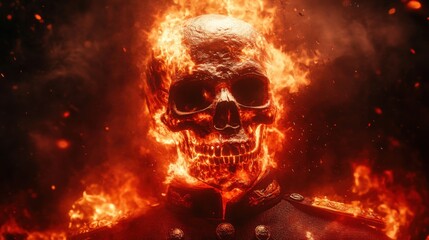 Fiery skull soldier engulfed in flames with burning aura in dramatic scene